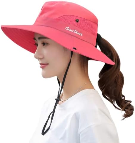 Sun Hats for Women, Womens Ponytail Bucket Hat Outdoor UV Protection Foldable Mesh Wide Brim Beach Fishing Hat