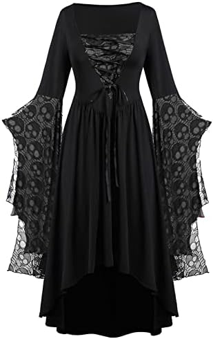 Women Vintage Maxi Dresses Gothic Plus Size Skull Lace Print Halloween Party Dress Long Sleeve Bandage Swing Dress