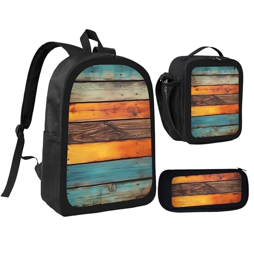 Summer Retro Wood Stripe Large 3-Piece Backpack Set With Insulated Lunch Box & Pencil Case Waterproof 17 Inches Backpacks Bag Back Packs Pencil Pouch Lunch Bag for Men Women 3 Pcs Black