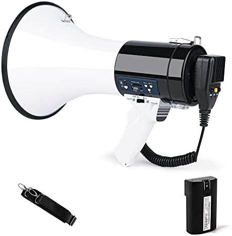 Professional 50-Watt Bullhorn Megaphone - Detachable Microphone, Portable/Lightweight & Rechargeable Battery,USB/SD/AUX- Ideal for Police & Cheerleading