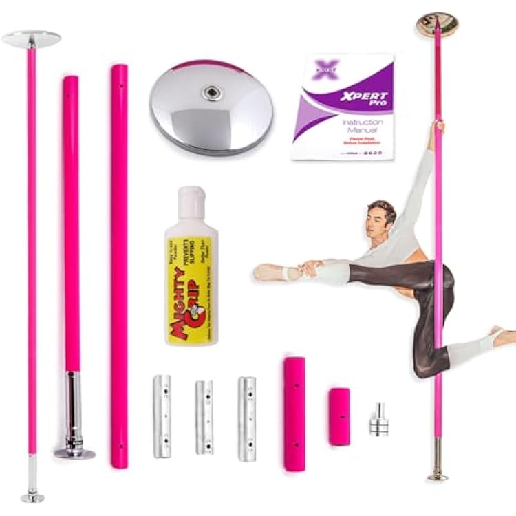 Fitness & Dance Pole for Home - Spinning & Static, Portable & Adjustable - 45mm Silicone Pink XPERT PRO [DVD  Grip Powder  Access to X-POLE TV Membership]