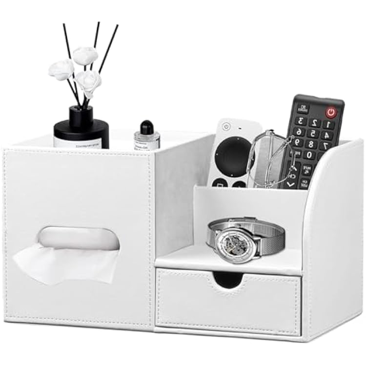 Leather Nightstand Organizer with Tissue Holder,White Square Tissue Box Cover with Organizer, Decorative Modern Facial Paper Storage Box for Bathroom Living Room Vanity Table Countertop Office