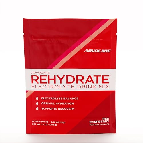 AdvoCare Rehydrate - Electrolyte Drink Mix - Includes Magnesium, Sodium, Potassium & Calcium - Antioxidant & Amino Acid Fortified - Hydration & Recovery - Red Raspberry, 15 Stick Packs 6.3 oz