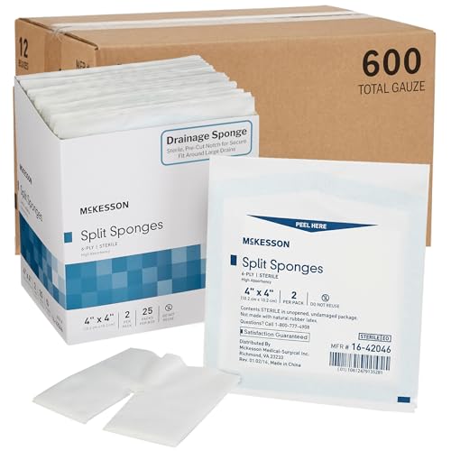 McKesson Sterile Drainage Sponges 4x4 Inch 600 Sponges, 12 Box Bulk Pre-Slit Surgical Drain Gauze Pads 6-Ply Split Gauze for Wound Drains & Post-Op Care 2 per Pack