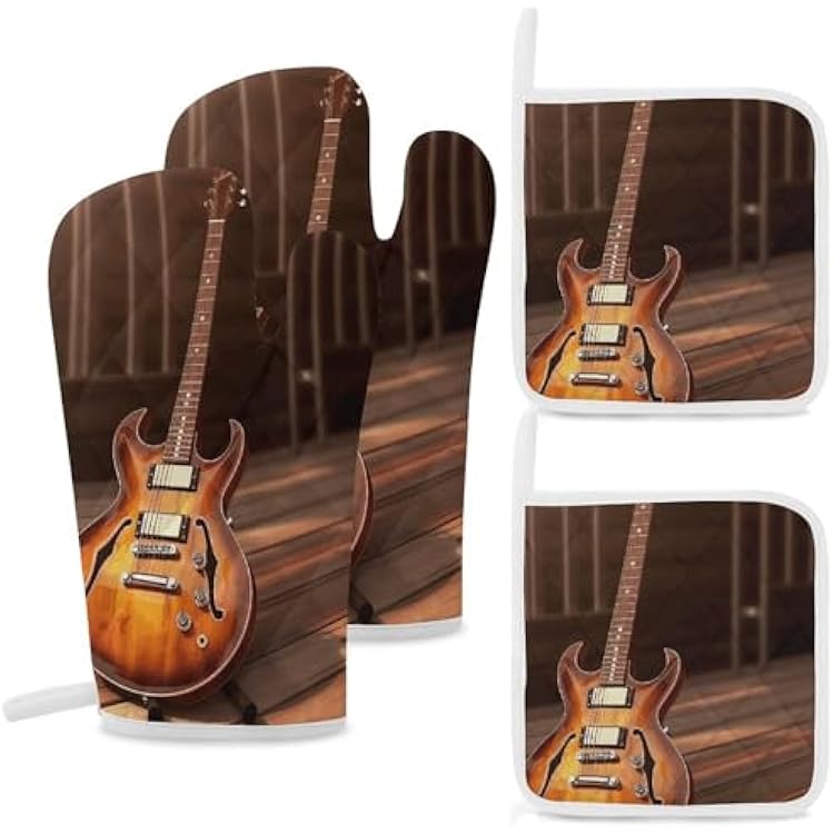 Oven Mitts Pot Holders Kitchen Guitar in The Sun Heat Resistant Oven Glove for Baking and Cooking