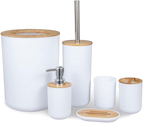 Toiletrie Bamboo Wood Bathroom Set 6PCS Soap Dispenser Toothbrush Holder Trash Can Toilet Brush Mouthwash Cup Soap Dish Bathroom Toiletries Bathroom Accessories