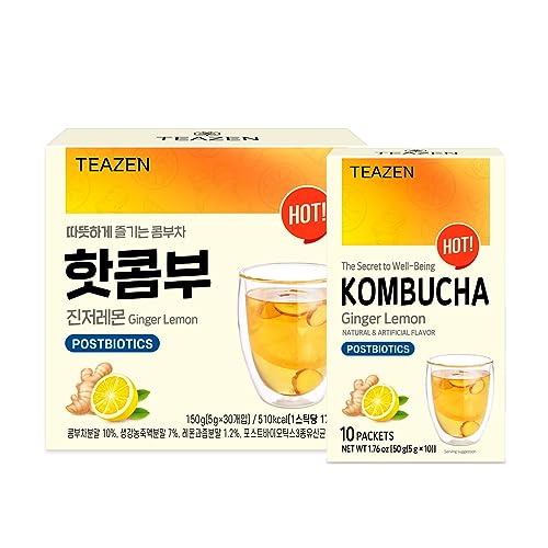 TEAZEN Hot Kombucha Ginger Lemon Flavor Variety Pack 40 Sticks, Ginger Lemon Drink Mix 10 Counts & 30 Counts