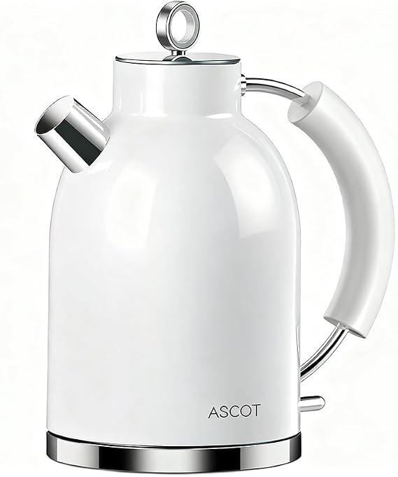 ASCOT Electric Kettle, Stainless Steel Electric Tea Kettle Gifts for Men/Women/Family 1.5L 2200W Retro Tea Heater & Hot Water Boiler, Auto Shut-Off Boil-Dry Protection (White)