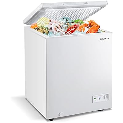 COSTWAY Chest Freezer, 5 Cu.ft Single Door Deep Refrigerator with 7-Grade Temperature Range -11F to 10F, Compact Freezer with Removable Basket, Two Casters for Apartment, Bars, RVs, Kitchen, White