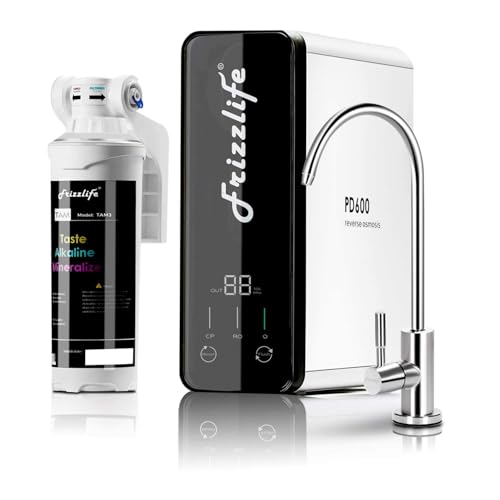 Frizzlife Reverse Osmosis Water Filter - Alkaline Mineral pH, NSFASNI 58&53&42&372 Standard, 600GPD Tankless RO Reverse Osmosis System, Under Sink, 2:1 Pure to Drain, Reduce FPASPFOA, PD600-TAM3