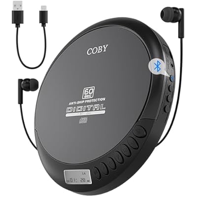 Coby Portable Bluetooth CD Player with FM Radio & Headphones, Rechargeable Anti-Skip Discman with MP3 Playback, AUX Input, Super Bass, Compact Retro Music Player for Home, Car, and Travel Black
