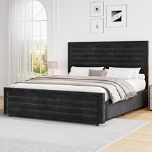 Full Size Bed Frame, Upholstered Platform Bed with Velvet Headboard and Footboard, Mattress Foundation with Wooden Slats, No Box Spring Required, Easy Assembly, Black