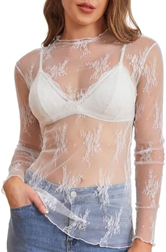 Elegant Womens Sheer Lace Blouse, Sexy Long Sleeve See-Through Top for Parties, Dates, and Casual Outfits