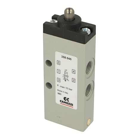 CAMOZZI 358-945 0.9-10 BAR, 5/2 Ways, 700 NL/MIN, G1/8 Ports, Mechanical Valve, Normally Closed, Plunger Actuation, Spring Return