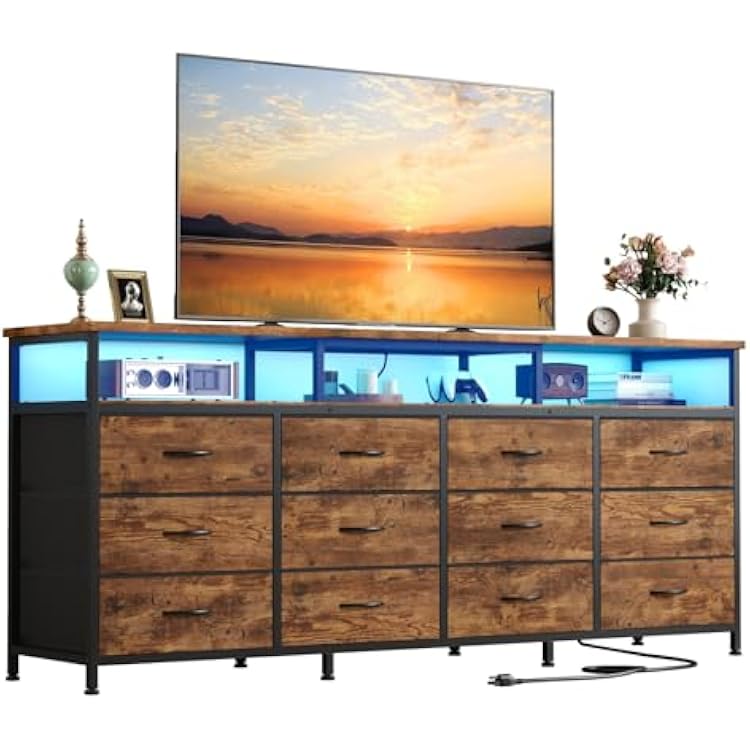 LED TV Stand Dresser for 757065 Inch TV, Long Dresser TV Stand for Bedroom with 12 Drawers & Shelf, Entertainment Center with Power Outlets, TV Media Console for Living Room, Rustic Brown
