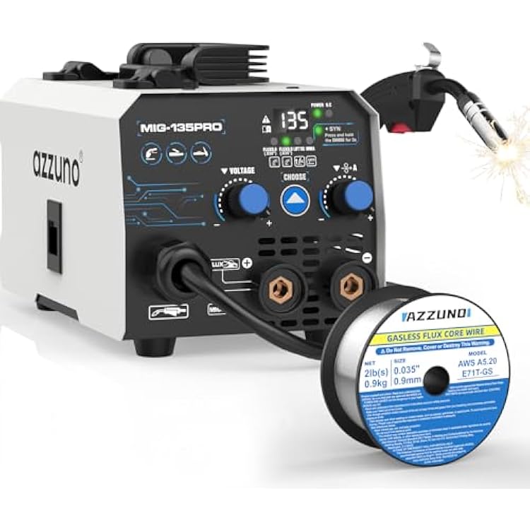 AZZUNO MIG Welder 135A & .035 2LBS Flux Core Mig Welding Wire, 3 in 1 MIG Welder Machine Flux Core WelderLift TIGStick Welding Machine