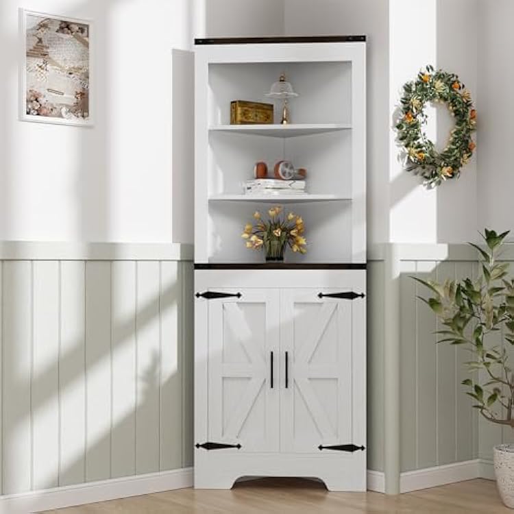 ROOMTEC Tall Bathroom Corner Cabinet with Barn Door & Adjustable Shelves, Freestanding Farmhouse Corner Storage Cabinet, Wooden Storage Organizer Furniture for Bathroom, Living Room, Kitchen, White