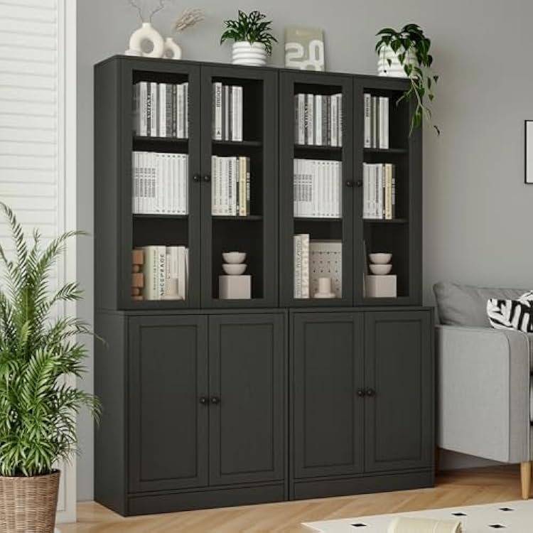TUSY 71 Bookshelf Bookcase with Doors - 5-Tier Modern Bookshelves for Home Office, Book Shelf Organizer Wood Wardrobe, Tall Office Cabinet with Glass Door Black