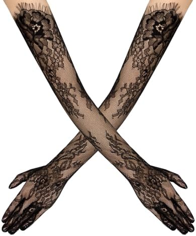 YAMEIZE Long Lace Gloves Women Formal Mesh Floral Wedding Elbow Length Gloves for Bride Opera Tea Party