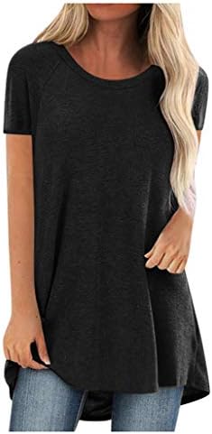 Women Summer Casual Tshirt Top Trendy Loose Fit Solid Long Tunic Tees Plus Size Short Sleeve Crewneck Workout Blouses A01@black