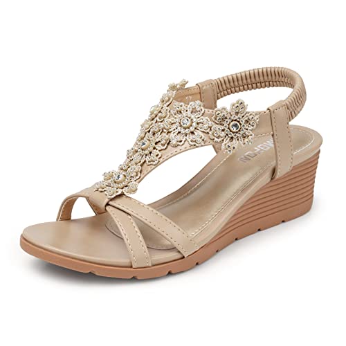 TEMOFON Womens Low Wedge Heels Summer Dressy Platform Sandals Elastic Ankle Strap Open Toe Flower Shoes