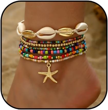 Seashell Ankle Bracelet for Women,Colorful Starfish Stack Stretch Bead Ankles Set Adjustable Waterproof Mermaid Ankle Chain Bracelet Hawaii Summer Beach Vacation Foot Mermaid Jewelry