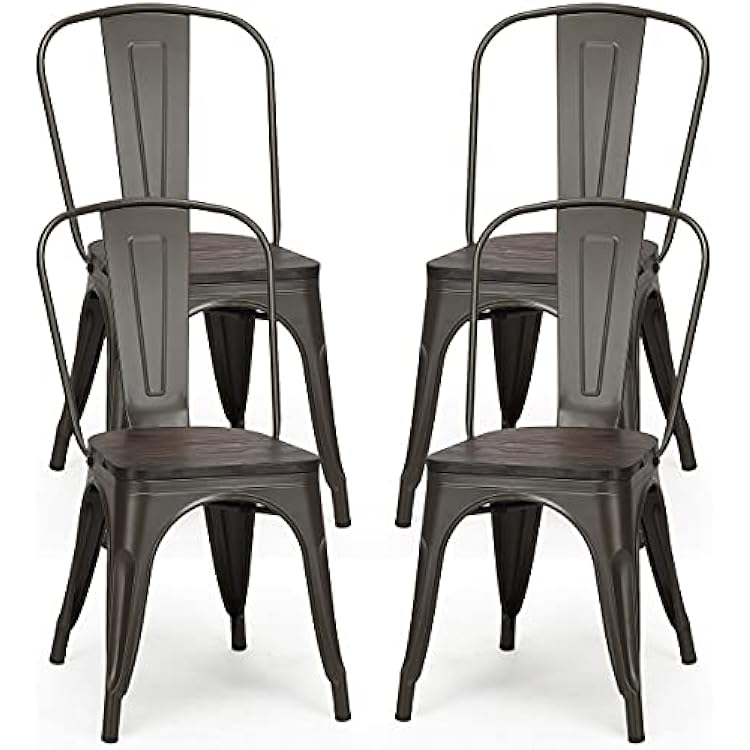 DORTALA Vintage Metal Dining Chairs, Industrial Stackable Cafe Side Chair with Wood Seat & Backrest for Bistro, Kitchen, Set of 4, Grey