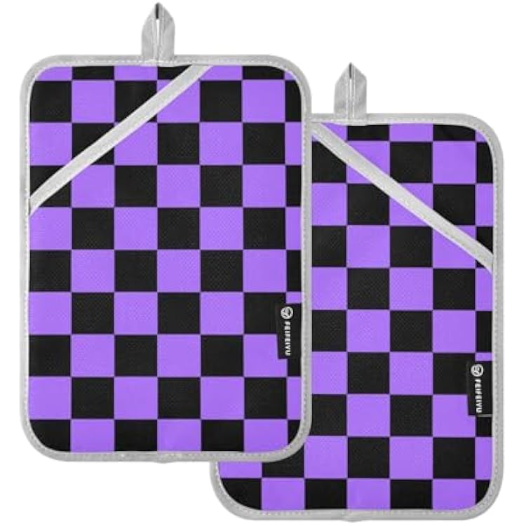 Checkerboard Black Purple Plaid Pot Holders Set of 2 Heat Resistant Hot Pads Trivet Potholders Oven Mitts with Pockets for Kitchen Cooking Baking