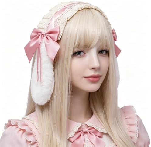 JIAHG Lolita Headdress Sweet Bow Lace Faux Fur Cat Ears Hairpin Headband for Women Costume Maid Cosplay Party Accessories