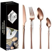24 Piece Set of Flip Wooden Boxes, Gold and Silver Tableware, Gold-plated Stainless Steel Tableware, Mirror Polished Tableware That Can Be Cleaned In The Dishwasher (Rectangular box,rose gold)