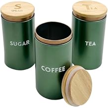 Daily Treasures Set of 3 Airtight Tea Coffee and Sugar Canisters Set with Wooden Lids - Sage Green Matte Steel Storage Jars for Kitchen Countertop, Easy to Open Airtight Lids, Vintage Food Canisters