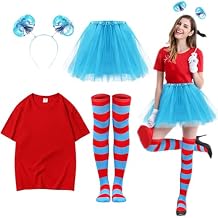 Women Tulle Tutu Costumes Accessories Set,Adult T Shirt Tutu Skirt Thigh High Socks Blue Headband for Halloween Party