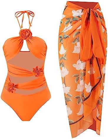 IMEKIS Womens 2 Piece Swimsuit Halter Neck Monokini with Cover Ups Flower Tropical Bikini Set Summer Holiday Bathing Suits