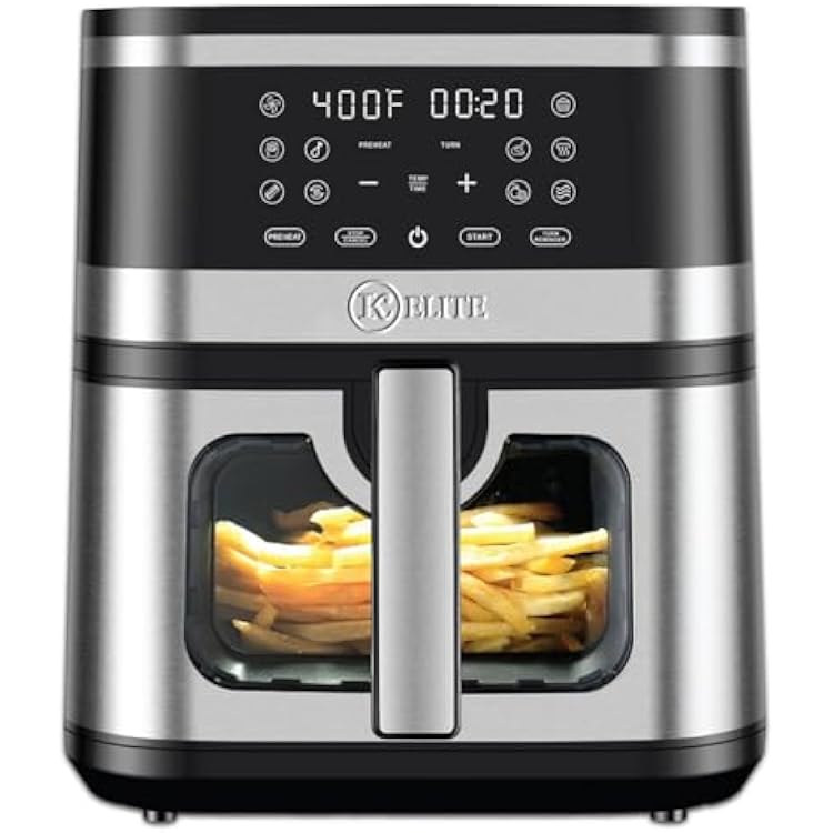 Kitchen Elite Air Fryer Oven Stainless Steel, XL 8.5QT Large Airfryer with View Window, 10 one-touch Functions, Precise Temp Control, 90% Less Oil, Rapid Heating, Roast, Dehydrate, 1700W [Enhanced]