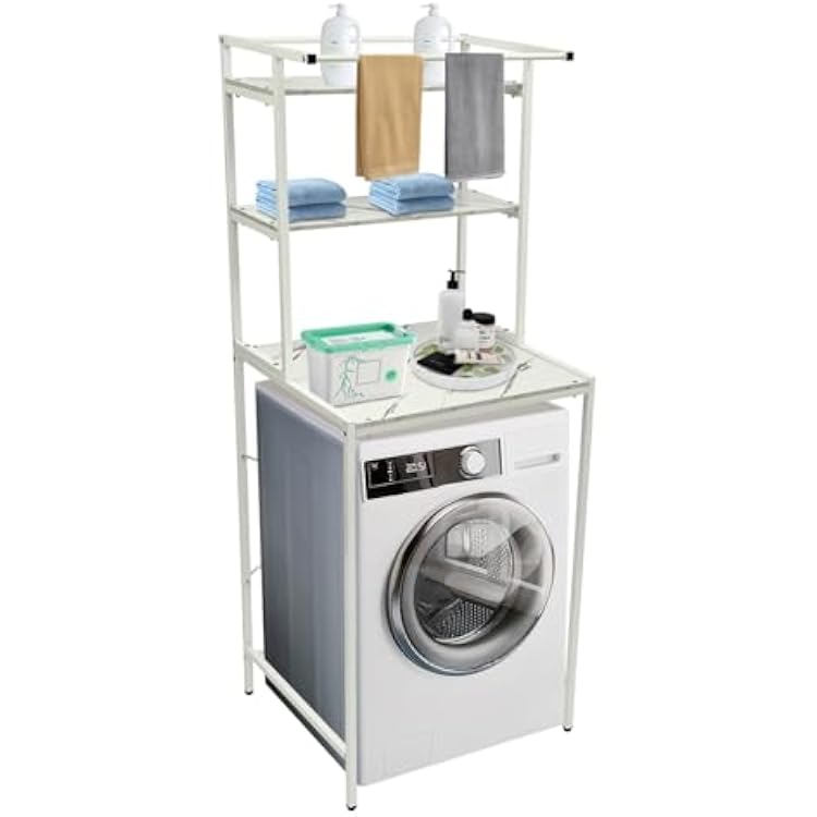 3 Tiers Over Washer and Dryer Shelves Laundry Room Storage Organizer Standing Shelf Washer Dryer Stacking Rack Stand Dryer Storage Shelf for Bathroom Laundry Room WhiteMarble
