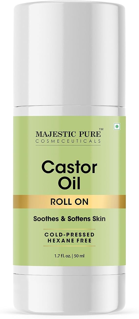Majestic Pure Organic Castor Oil Roll-On 1.7 Fl oz Mess-Free Roller Bottle for Skin, Hair, Brows & Lashes Multi-Purpose Beauty Oil for Scalp, Belly & Body Care Roller Bottle