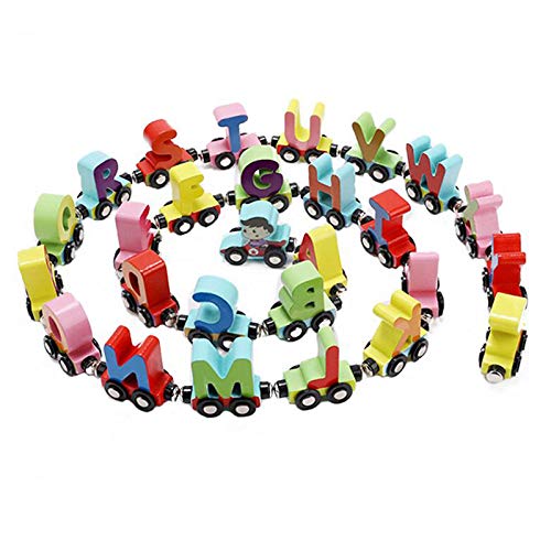 Wooden Trackless Letter Trains Set, Alphabets Numbers Train Cars for Children Early Educational