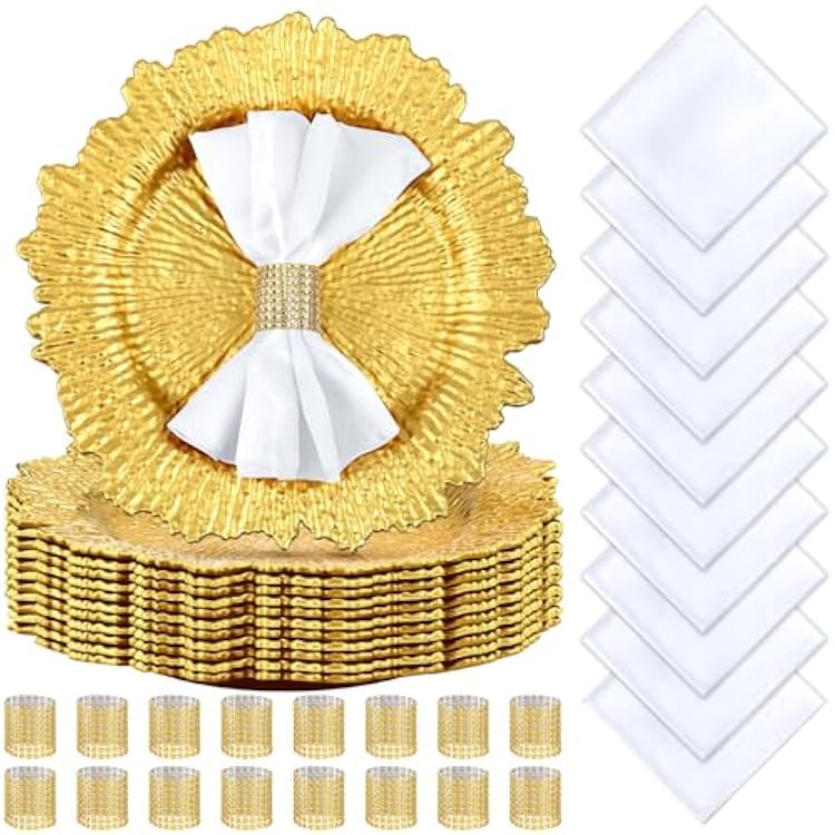 Tanlade 72 Pcs Christmas Charger Plates Set Bulk 24 Pcs 13 Floral Reef Plates, Napkin Rings and Cloth Napkins Plastic Dinner Chargers Set for Table Setting Wedding PartyGold, White