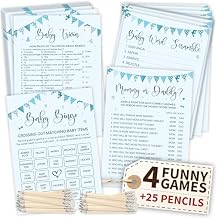 WOODAMORE Hilarious Baby Shower Games Boy - 4 Funny Baby Games for Baby Shower Boy Decorations, Blue Trivia Card Word Scramble Mommy Or Daddy Game for 25 Guests