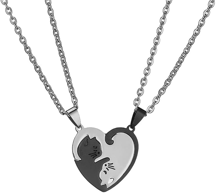 Stainless Steel Cat Kitty Necklace for Women Men Matching Cat Love Heart Yin Yang Necklace for Couples Friendship Jewelry Gift