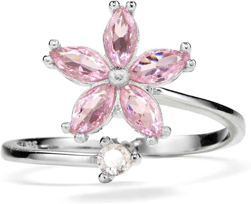 PERIMADE 18K Gold Plated Flower Fidget Spinner Ring, Cubic Zirconia Anxiety Relief Statement Eternity Worry Ring for Women, 925 Sterling Silver Stackable Open Band Spinning Ring Birthday Jewelry Gift