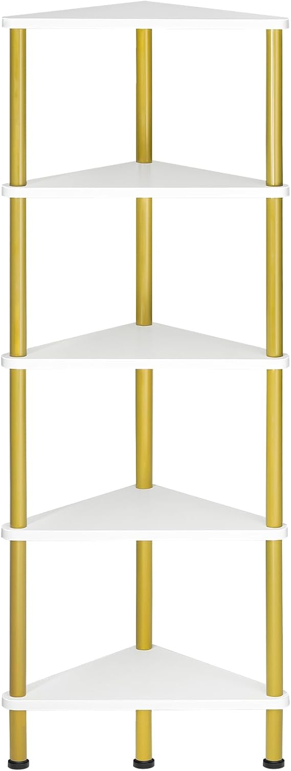 HOOBRO Corner Shelf Stand, Industrial 5-Tier Wall Corner Bookshelf with Metal Frame, Plant Display Shelf, Bookcase for Small Spaces, Bedroom, Living Room, White and Gold DW33CJ01