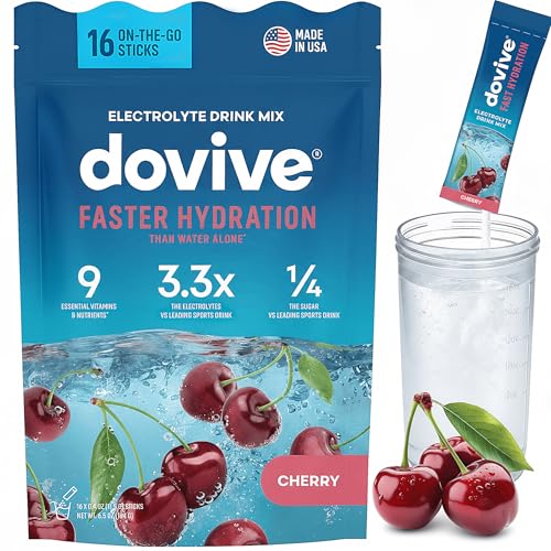Electrolyte Drink Mix | 16 Instant Hydration Packets w 920mg Hydrate Electrolytes | Low-Sugar 7g Electrolytes Hydration wVitamins C, B3, B5, B6, B12 and Na, Ca, Mg, K, Zn Cherry
