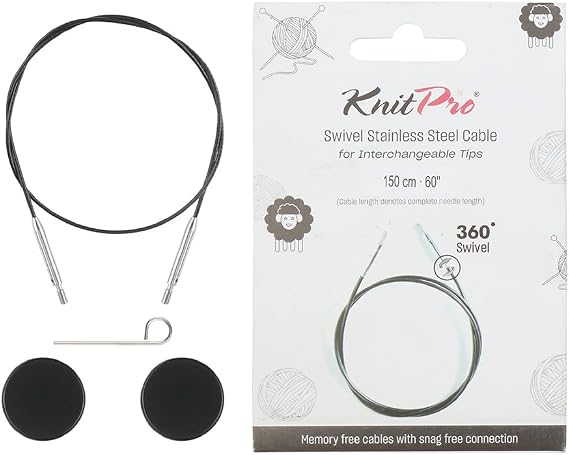KnitPro 360 Nylon Coated Stainless Steel Black Silver Swivel Cable | 50"/ 126cm (to Make 60"/ 150cm IC Needle