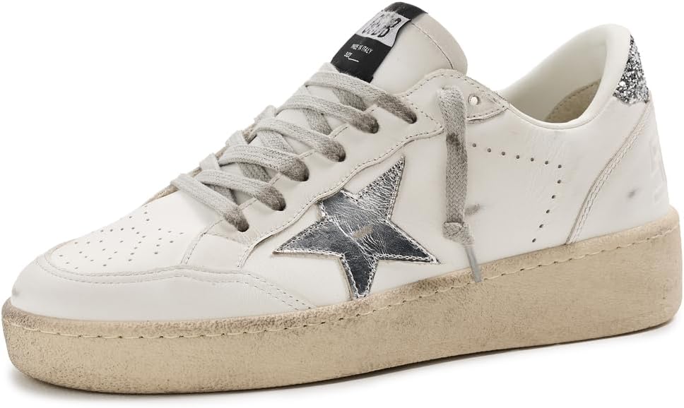 Golden Goose Women's Ballstar 2 Leather Upper and Spur Laminated Star Glitter Heel Sneakers
