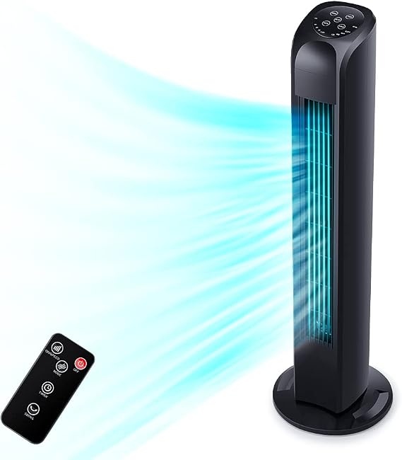 Uthfy Oscillating Tower Fan for Bedroom, Portable Standing Fan with Remote, 3 Modes 3 Speeds, 7.5H Timer, 120 Quiet Cooling for Living room, Office, Black