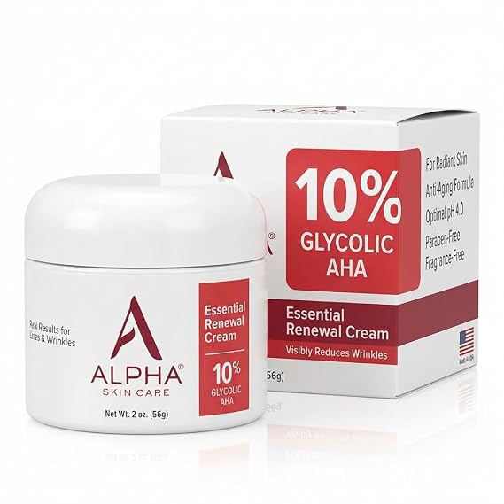 Alpha Skin Care Essential Renewal Cream, 10% Glycolic AHA, 2 Oz, 2 Pack | Anti-aging cream exfoliates for smoother skin and helps reduce lines & wrinkles for normal, sensitive, or dry skin.