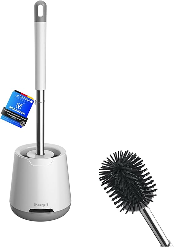 Ibergrif M34152 Silicone Toilet Brush with Anti-Drip Holder &amp; Ventilated Drying - Toilet Brush Set Standing/Wall Mounting White (126 x 425 mm)