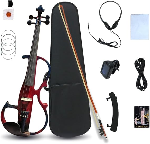 Electric Violins 4/4 Full Size Silent Red and Blue Electric Violin with Ebony Fittings, Solid Wood Metallic Violin Electric, Beginner Kit for Adults Teens for Birthday Gifts (01)