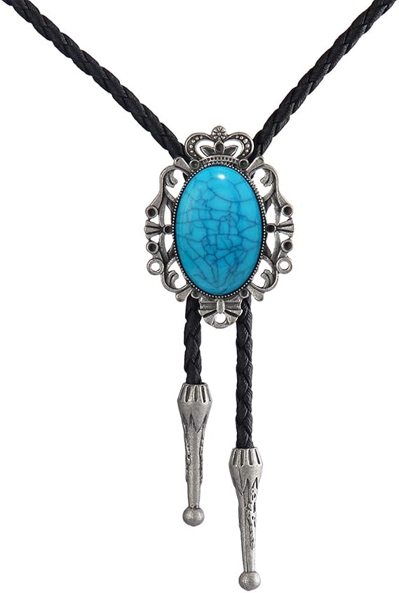 AZORA Western Bolo Tie Men Cowboy Leather Necktie Leather Cord Stone Retro Silver Bolo Necklace for Women